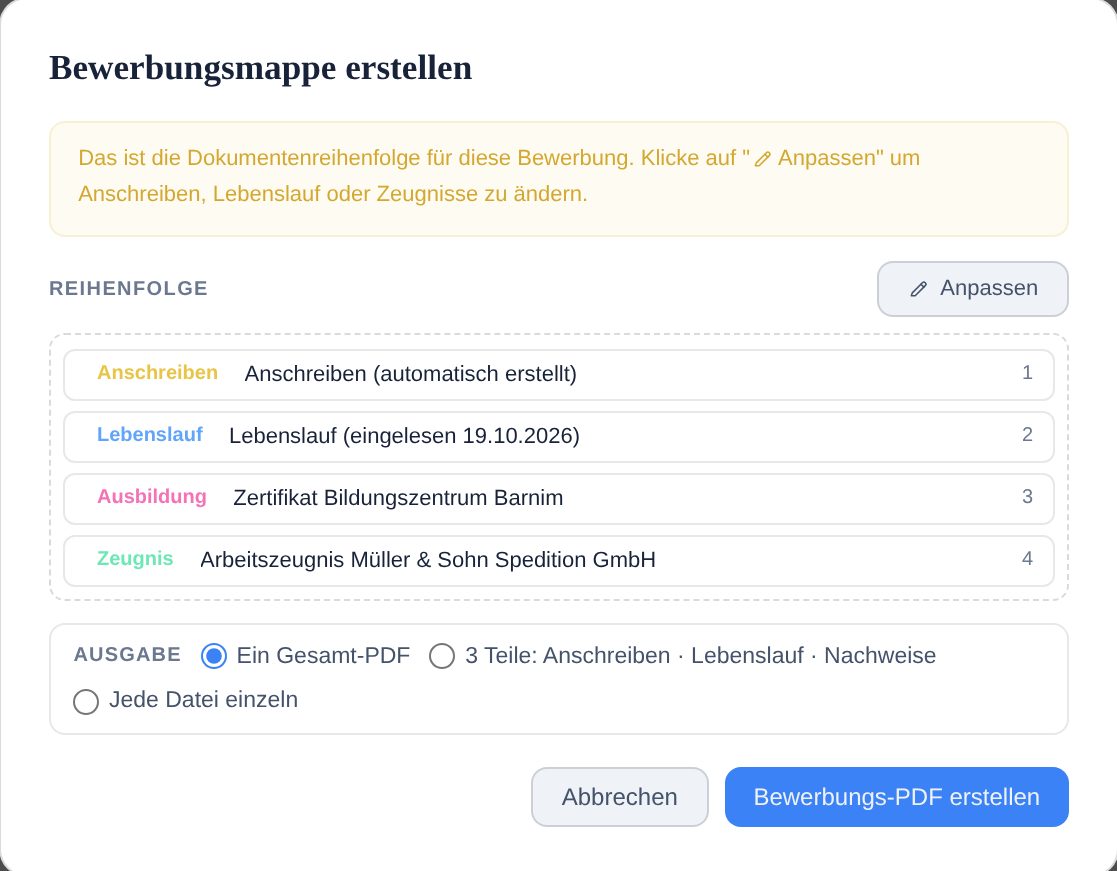 Bewerbungsmappe erstellen mit Reihenfolge und Ausgabeart